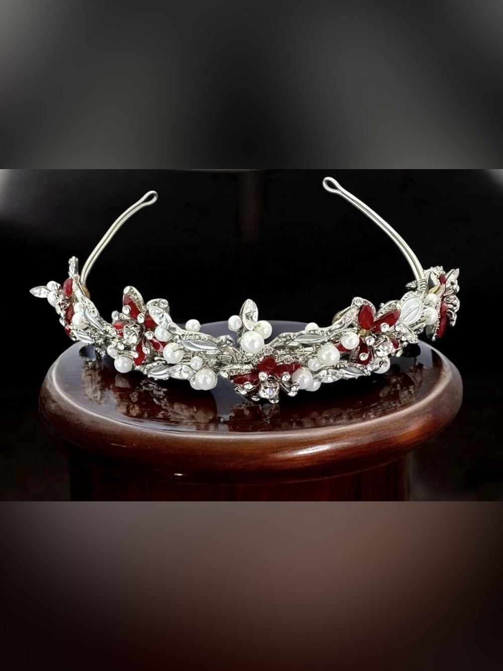 Headpiece Rhodium Pearl By David’s Bridal Crown Red Stones Wedding Prom Pageant